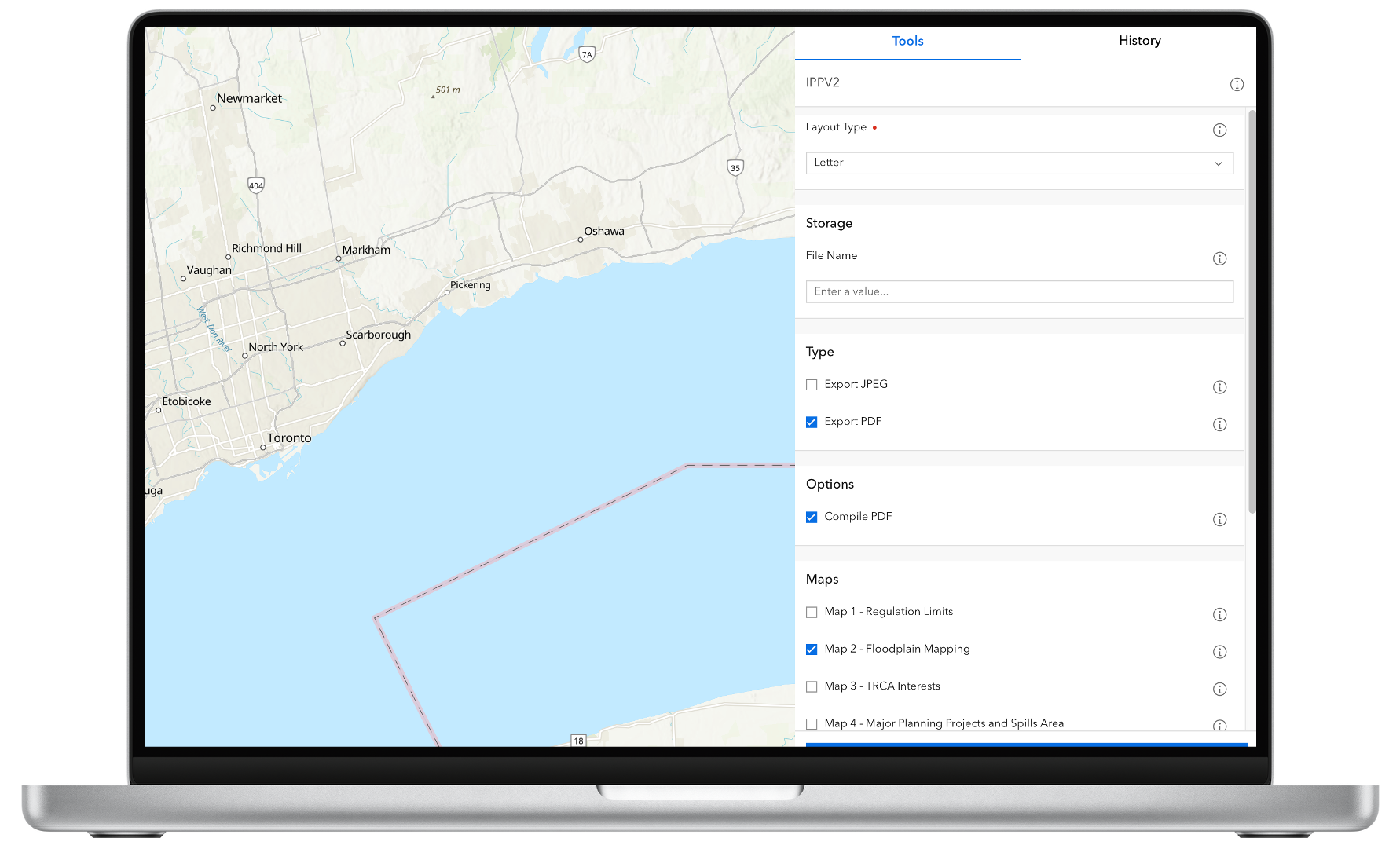 Map export tool with floodplain mapping